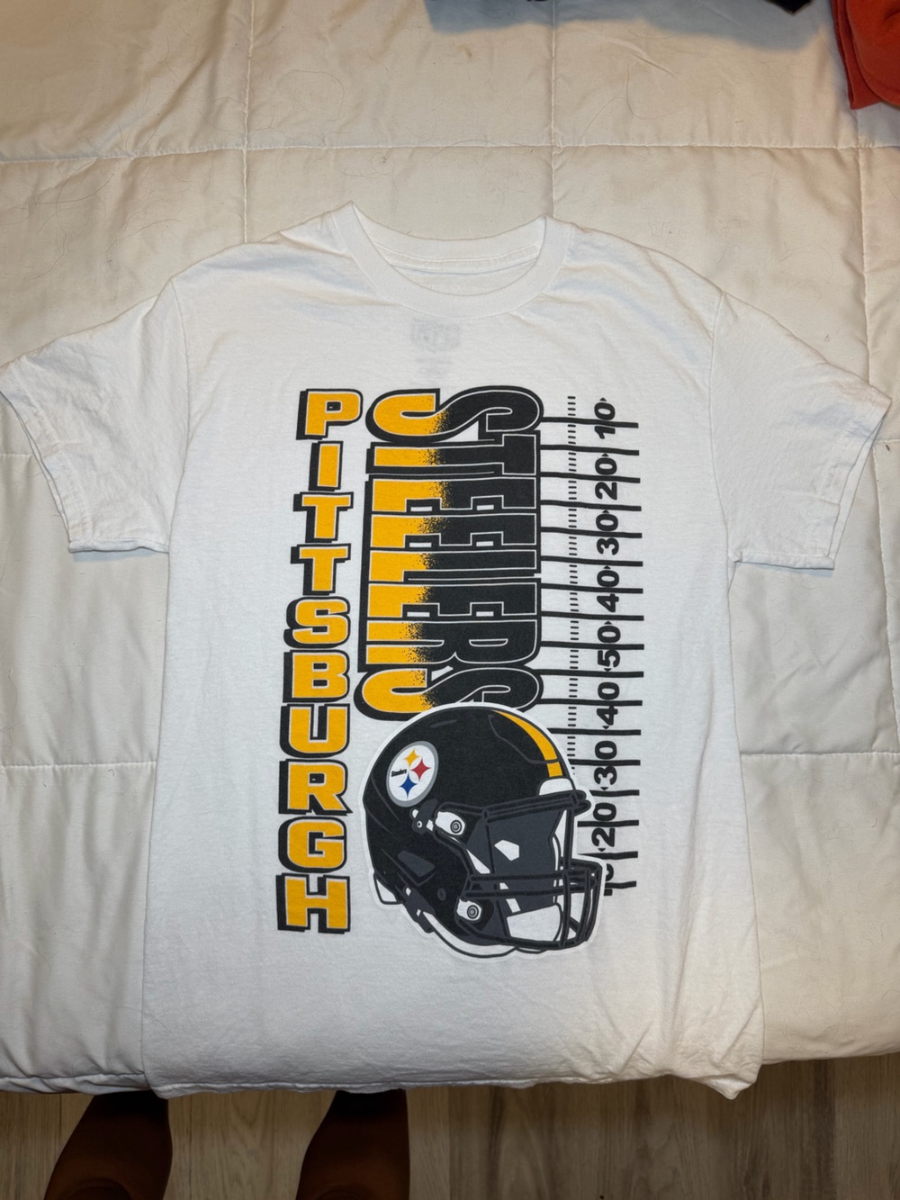 NFL Pittsburgh Steelers White Tee with Black and Gold Helmet Graphic